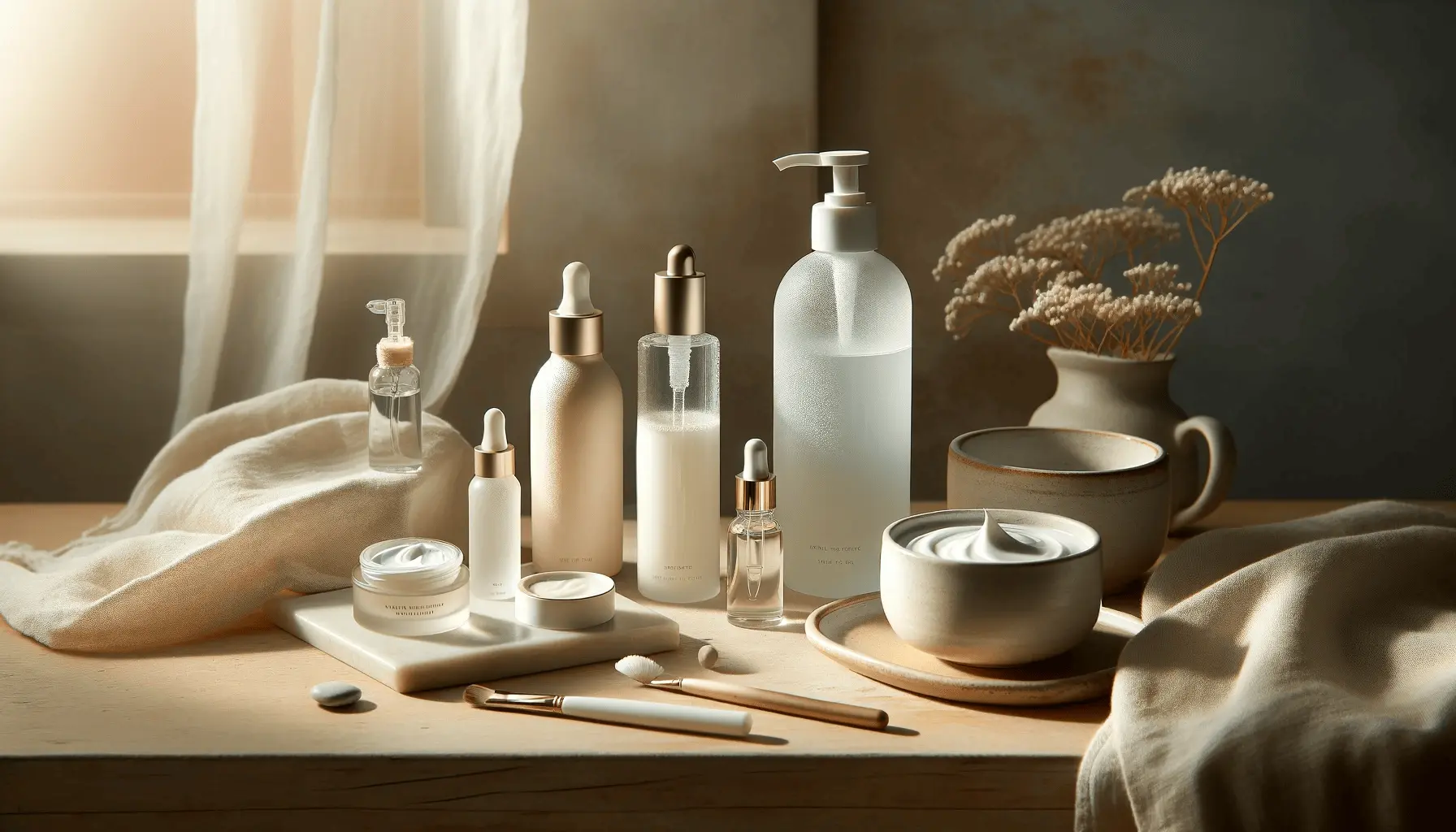 A minimalist beauty setup on a light wood surface, depicting a simple morning skincare routine and emphasizing the fresh start of a day.